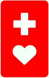 長方形の形で、赤地に白文字で十字とハートが描かれたヘルプマーク
